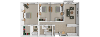 A 3D rendered image of a small apartment layout.
