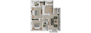 A floor plan of a small apartment with a bedroom, living room, and kitchen.