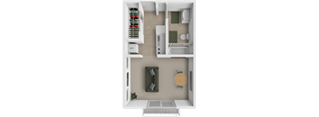 A 3D rendered image of a small apartment layout.