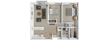 A 3D rendered image of a small, modern kitchen with white cabinetry and green accents.