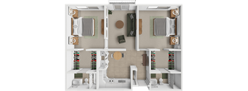 A top-down view of a small apartment with a bedroom, living room, and kitchen.