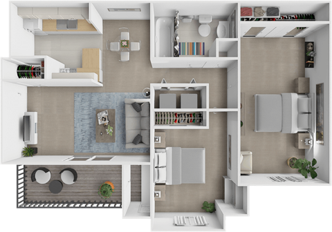 a 3d rendering of a floor plan with a bedroom and a living room