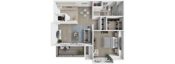 a 3d rendering of a bedroom floor plan with a bathroom and a living room