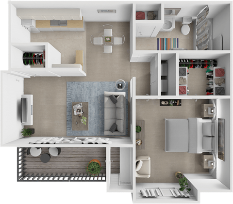 a 3d rendering of a bedroom floor plan with a bathroom and a living room