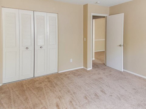 a bedroom with a closet and an open door