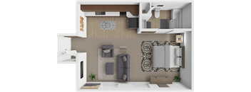 a 3d rendering of a bedroom with a living room and a dining room