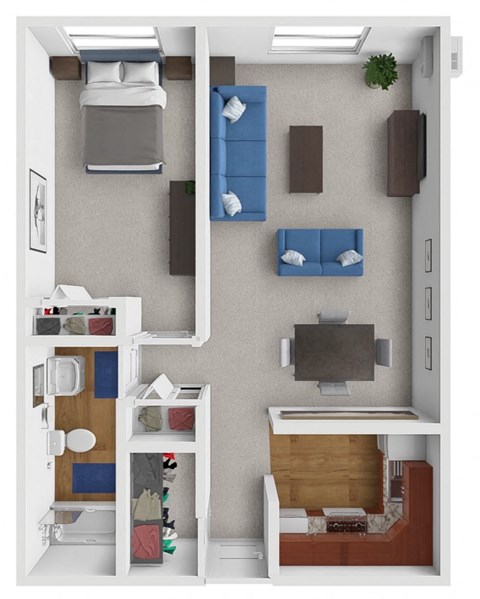 a stylized floor plan with a bedroom and a living room