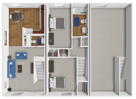 a split image of a room with a floor plan and a staircase