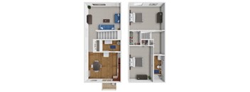 a stylized floor plan with a bedroom and a living room