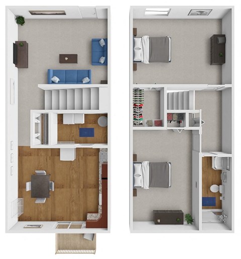 a stylized floor plan with a bedroom and a living room