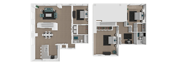 Two floor plans of a house with a kitchen, living room, and bathrooms.