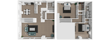 Two images of a room with a kitchen and living room.