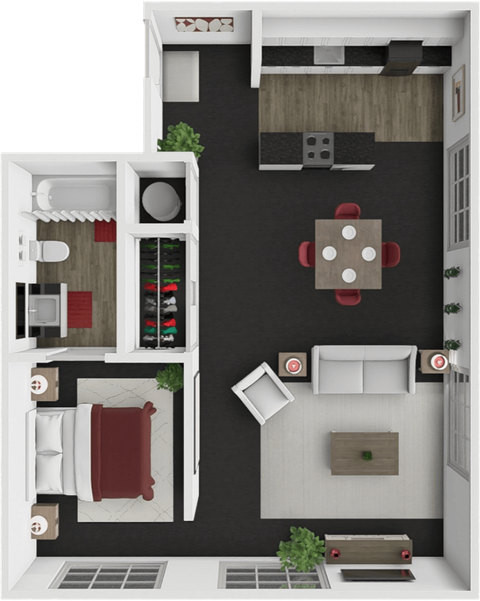 1 bed 1 bath floor plan at block 2 lofts