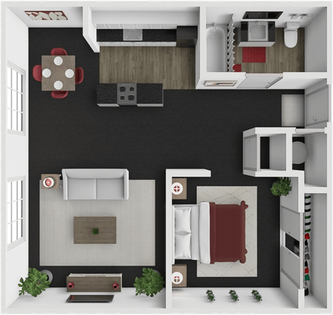 1 bed 1 bath floor plan at block 2 lofts