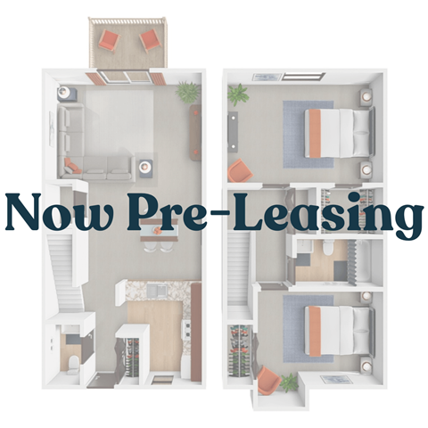 Apartment layouts with the text "Now Pre-Leasing" overlaid.