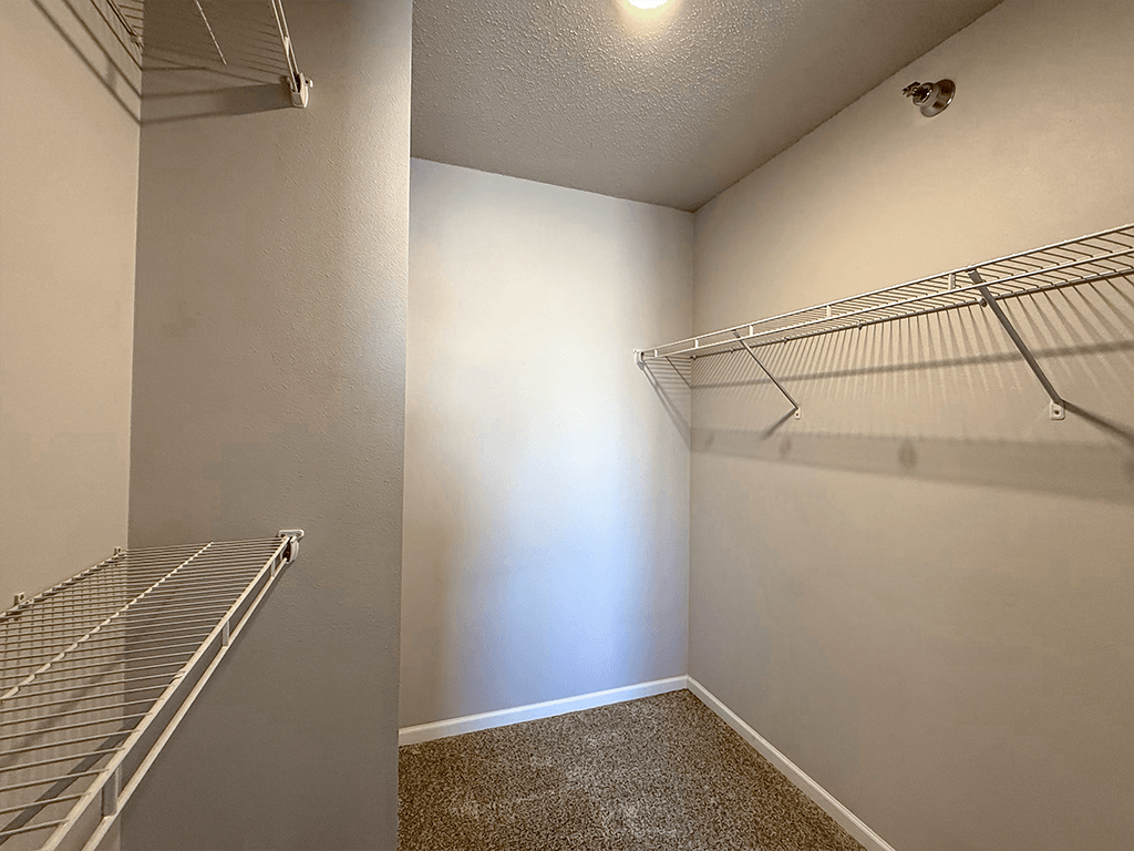 A walk-in closet with a carpeted floor and metal shelving.
