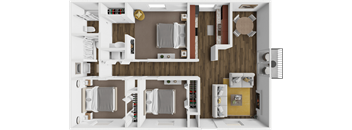 a 3d rendering of a floor plan with a bedroom and a living room