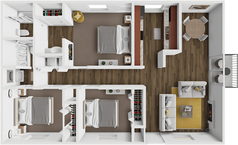 a 3d rendering of a floor plan with a bedroom and a living room
