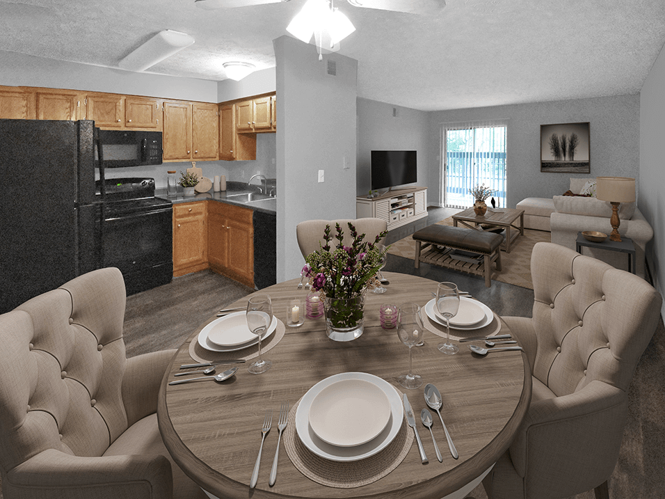 kitchen, dining room, and living room