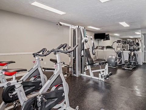 A gym with a row of stationary bikes and a variety of other equipment.