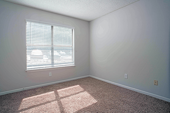 a bedroom with a window and a carpeted floor