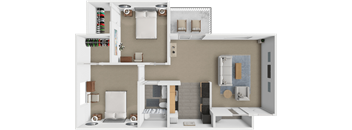 A 3D rendered image of a modern apartment layout.