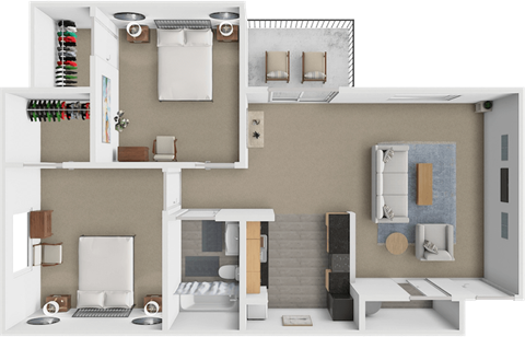 A 3D rendered image of a modern apartment layout.