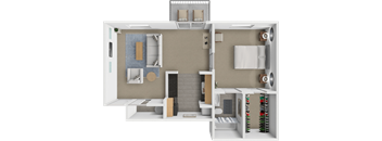 A 3D floor plan of a small apartment with a kitchen, living room, and bathroom.