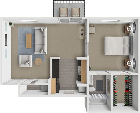 A 3D floor plan of a small apartment with a kitchen, living room, and bathroom.
