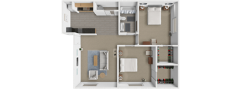 A top-down view of a small apartment with a kitchen, living room, and bathroom.