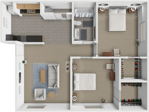A top-down view of a small apartment with a kitchen, living room, and bathroom.