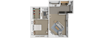 A top-down view of a modern apartment layout with a kitchen, living room, and bathroom.