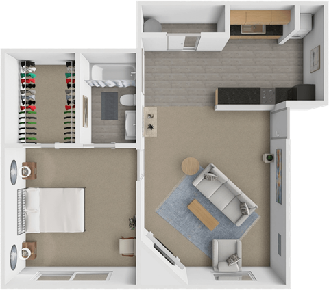 A top-down view of a modern apartment layout with a kitchen, living room, and bathroom.
