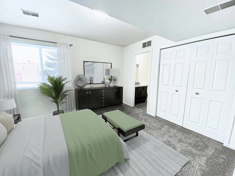 a bedroom with a bed and a dresser and a mirror