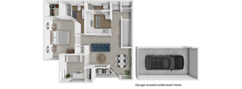 A diagram of a house with a garage underneath it.