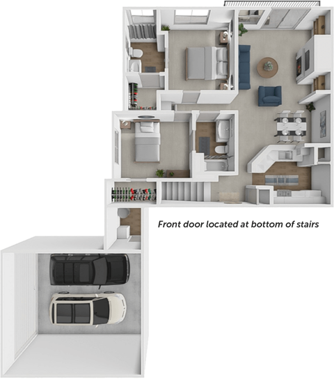 A diagram shows a floor plan of a house with a front door located at the bottom of the stairs.