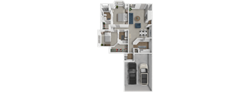 A top-down view of a house with two cars parked in the driveway.