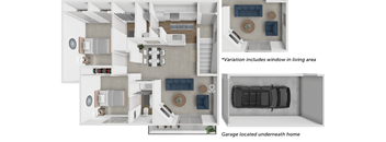 A diagram shows a living area with a garage underneath the home.