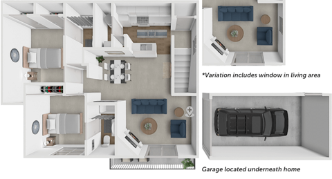 A diagram shows a living area with a garage underneath the home.