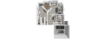 A 3D floor plan of a house with multiple rooms and a garage.