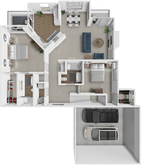 A 3D floor plan of a house with multiple rooms and a garage.