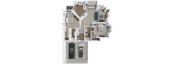 A 3D floor plan of a house with two bedrooms, a living room, a kitchen, and a garage.