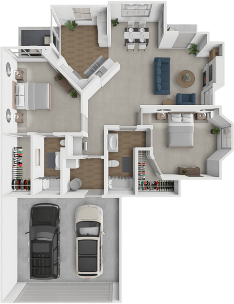 A 3D floor plan of a house with two bedrooms, a living room, a kitchen, and a garage.