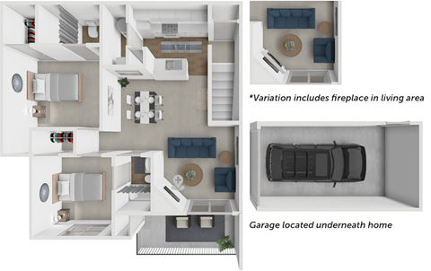 A diagram shows the layout of a house with a garage underneath.
