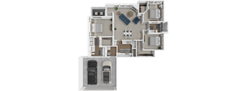 A 3D floor plan of a house with two cars parked in the garage.