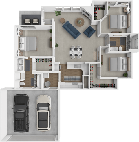 A 3D floor plan of a house with two cars parked in the garage.
