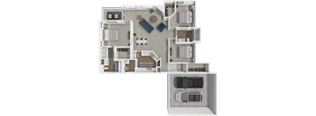 A 3D floor plan of a house with multiple rooms and a garage.