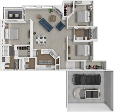 A 3D floor plan of a house with multiple rooms and a garage.