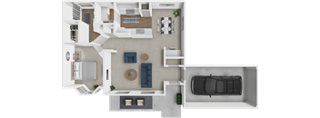 A top-down view of a modern apartment with a kitchen, living room, and bedroom.