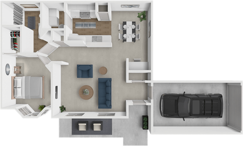 A top-down view of a modern apartment with a kitchen, living room, and bedroom.